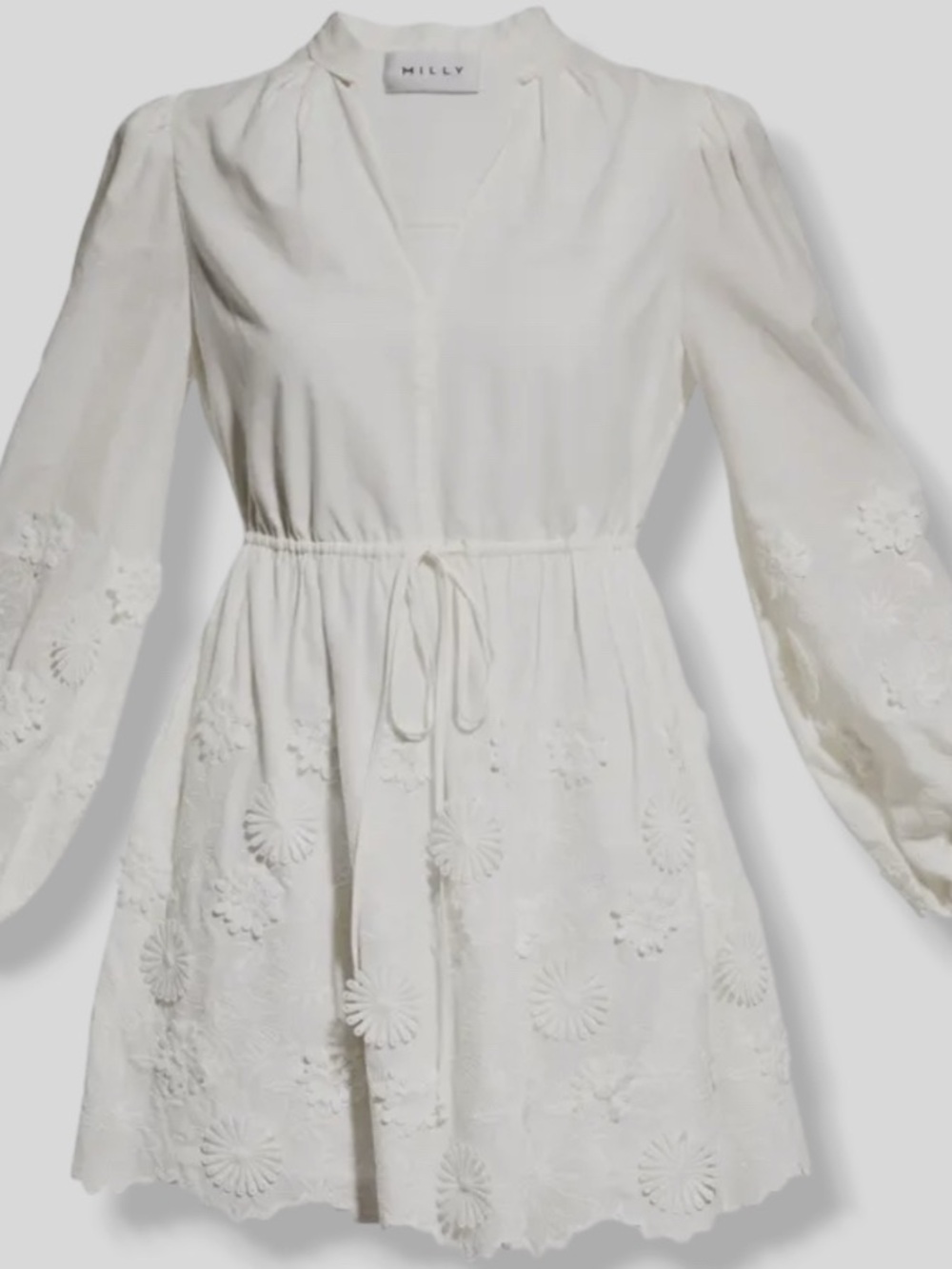 Milly White Long-Sleeve Embroidered Drawstring Mini Dress